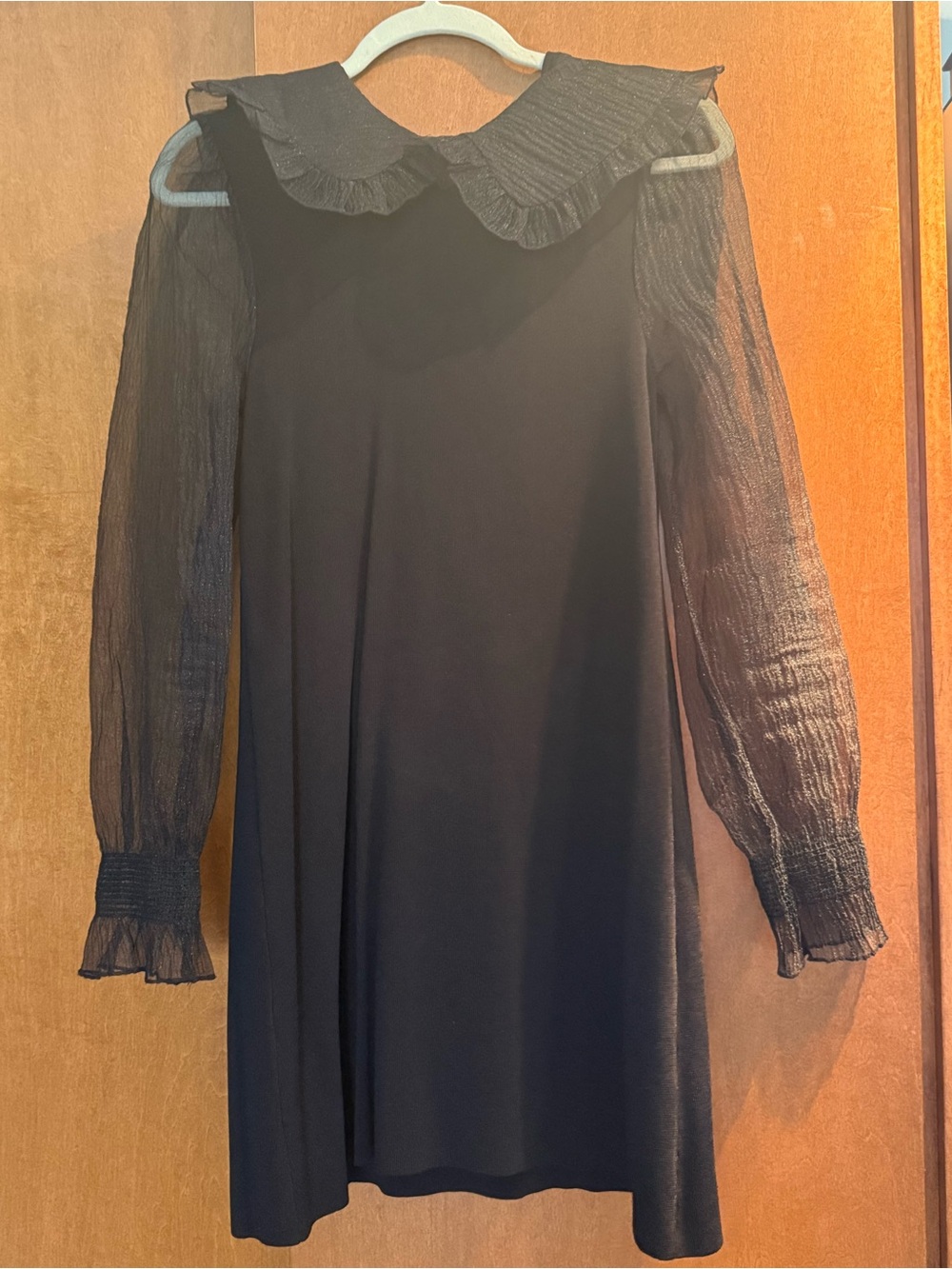 Zara Black Long-Sleeve Mini Dress with Pleated Peter Pan Collar